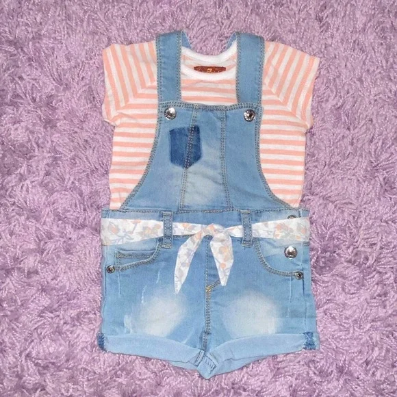 12m Seven for All Mankind Baby Girls Denim Overall Peach Stripe Shirt Outfit Set - Picture 2 of 11
